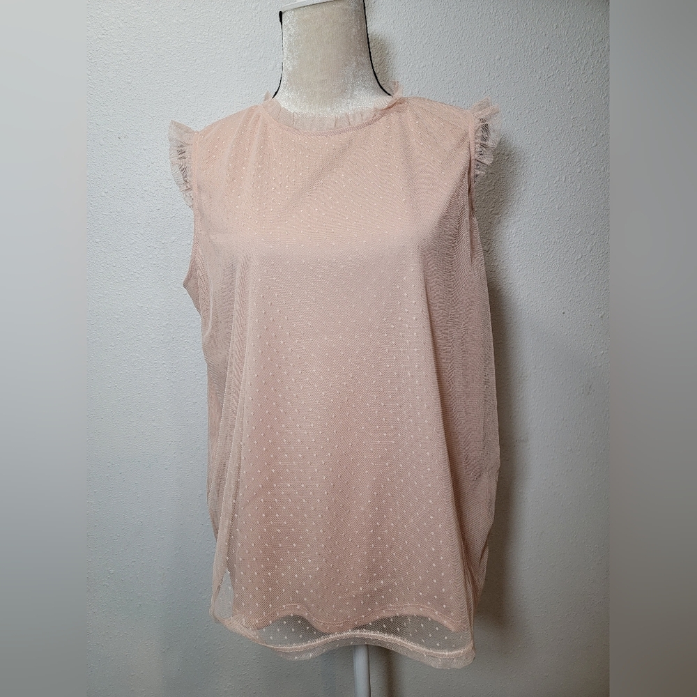 NWT Adrianna Papell Sleeveless Ruffle Top Dot Flutter Sleeve Champagne Sz Large